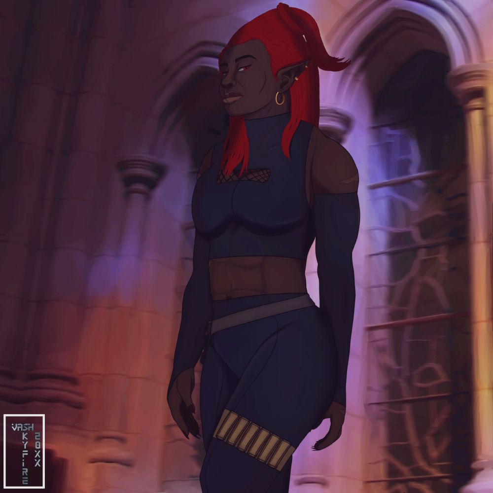 OC: Celeste Luminara Titania

A toned woman with red locs standing in a mildly lit cathedral. She is wearing a cropped top, pants and arm covers. She has a pouch lain on her hip. Her ear is adorned with gold earrings.