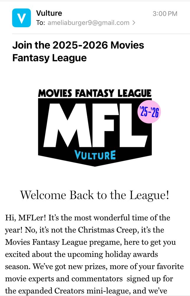 screenshot of email announcing new season of Movies Fantasy League
