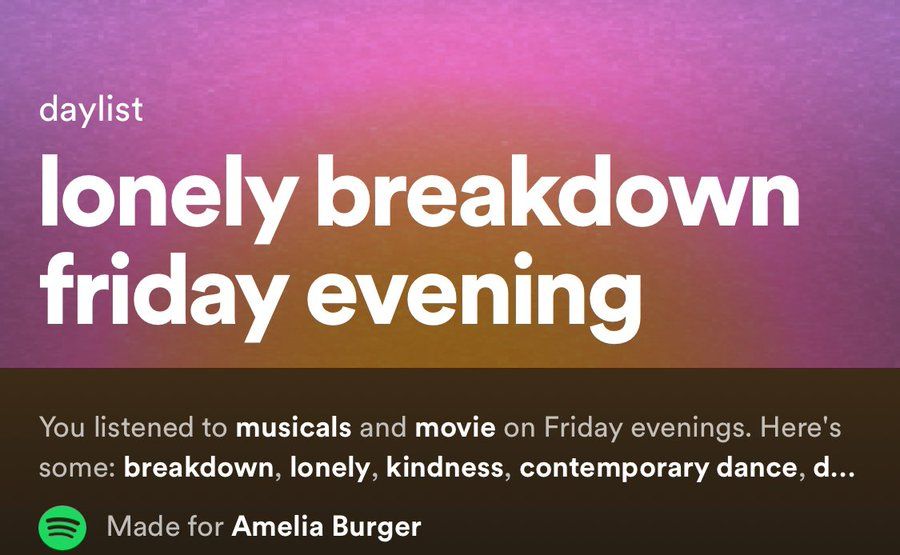 screenshot of spotify “daylist” themed auto generated playlist titled “lonely breakdown friday evening”