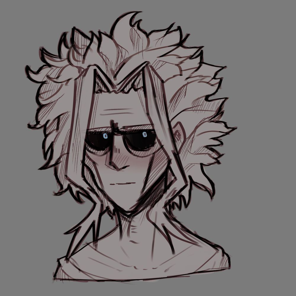 A mostly gray scale, bust drawing of Toshinori Yagi from My Hero Academia. His eyes look off to the right in this drawing.