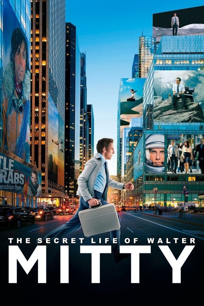A man with a silver briefcase walking across the road in New York City, there are screens and billboards on the buildings with him on them in odd situations such as sitting on the edge of a cliff, on an airplane wing on in a space suit. At the bottom in white is the movie's title "The Secret Life Of Walter Mitty" 