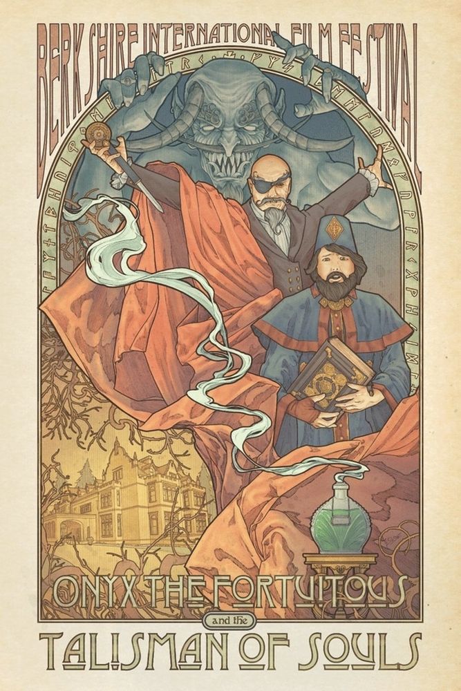 An illustration in the style of vintage fantasy art, there is a bearded man in a blue and red robe and a blue fez, he is clutching a book. Behind him is a bald man with an eye patch, moustache and a pointy chin beard. He is derobing revealing a black suit, the red robe is long and flowing down to the bottom right corner which also has a bottle with green liquid in it, smoke is coming out of the bottom. At the top is a large horned demon and a big manor in the bottom left corner. At the bottom is the movie's title "Onyx The Fortuitous And The Talisman Of Souls"