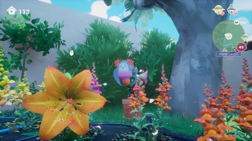 Bird carrying snapdragon flowers to a lily