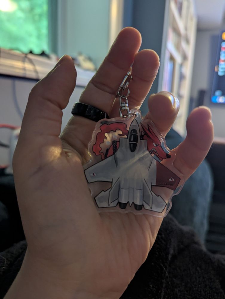Mezzo's hand, in which is cradled a stylized charm of Solo Wing Pixy from Ace Combat Zero, with the Galm squadron hound mascot behind it.