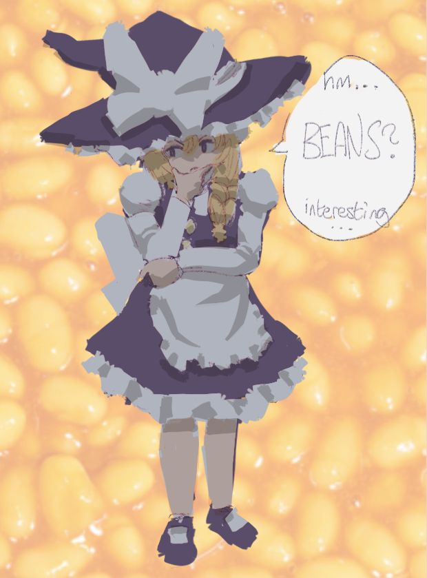 Marisa Kirisame from Touhou Project, surrounded by baked beans, thinking to herself "hm... beans? interesting..."