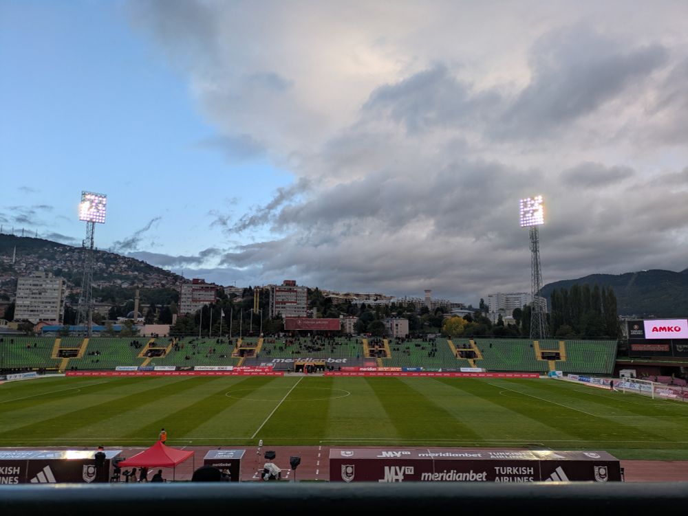 Olympic Stadium Sarajevo for some Bosnian Premier League action under heavy skies 