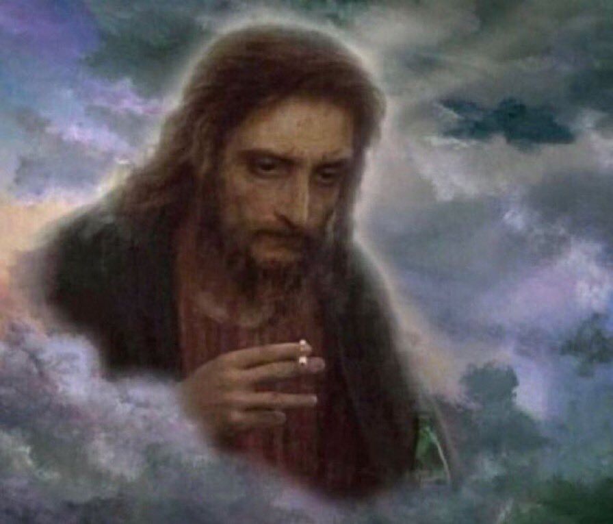 Jesus, observando o mundo de cima com expressão de desapontamento e falta de esperança enquanto fuma um cigarrinho