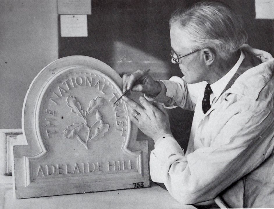 Joseph Armitage carving the NT oak-leaves, 1935 - Courtesy of Edward Armitage