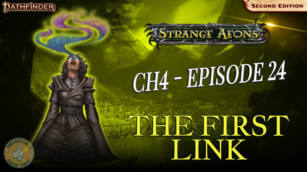 Thumbnail for Strange Aeons, Chapter 4, Episode 24 - "The First Link". The featured character is Eliege Losandro. A human woman, with dark grey hair, wearing a dark grey long dress. She's kneeling on the grown, staring upwards, eyes glowing bright blue, with swirling mists of blue and purple coming out of her open mouth.