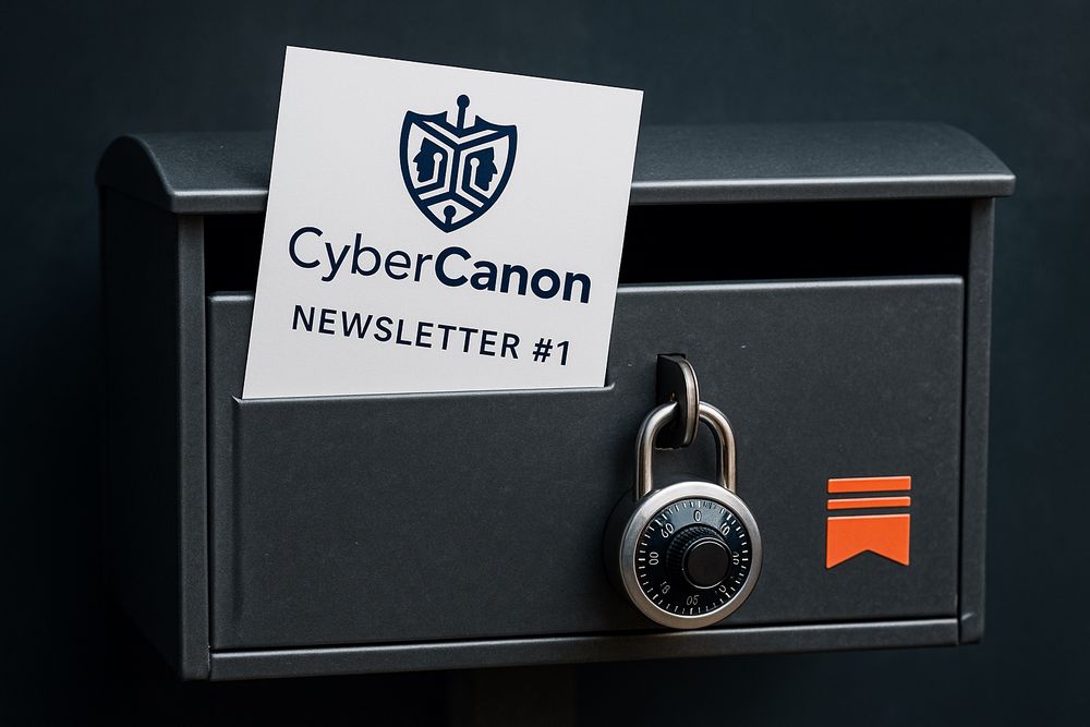 CyberCanon Newsletter #1 coming out of a steel pad-locked mailbox with a Substack logo.