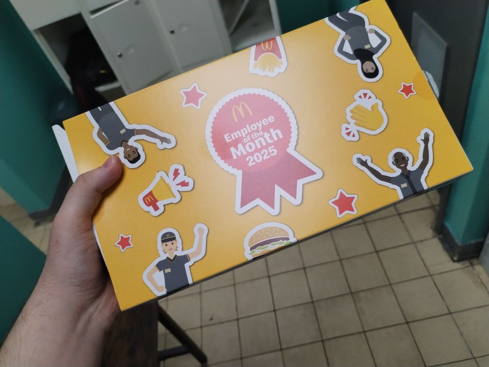 Box of Prizes for being Employee of Month, April 2025. 