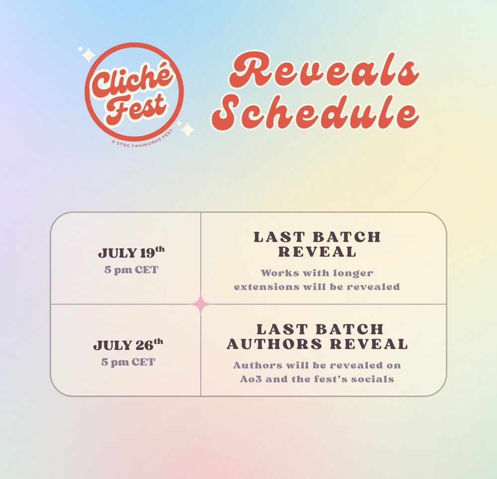 Satosugu Cliché Tropes Fest: Reveals Schedule

July 19th, 5 pm CET - Last batch reveal: works with longer extensions will be revealed.
July 26th, 5 pm CET - Last batch authors reveal: authors will be revealed on Ao3 and the fest’s socials.