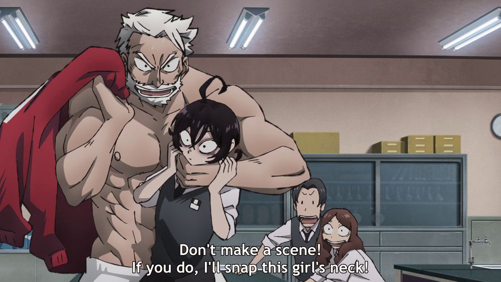 Screenshot from SANDA (2025), episode 1. Sanda, transformed into his alternate form as Santa Claus, is now an extraordinarily tall, muscular older man with white hair, a thick beard and a more chiseled face than his youthful, rounder appearance. Now shirtless and only wearing white boxers, he holds the red track jacket he grabbed draped over his shoulder in one hand while the other is around the neck of Fuyumura, a tall girl with black hair who seems small in comparison to Sanda now. He yells, "Don't make a scene! If you do, I'll snap this girl's neck!" as two other students in the background look shocked.