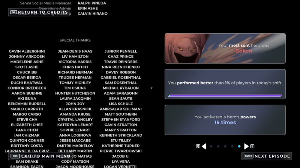 The credits for Dispatch Chapter 6 and part of the choices screen, showing the shift stats. 