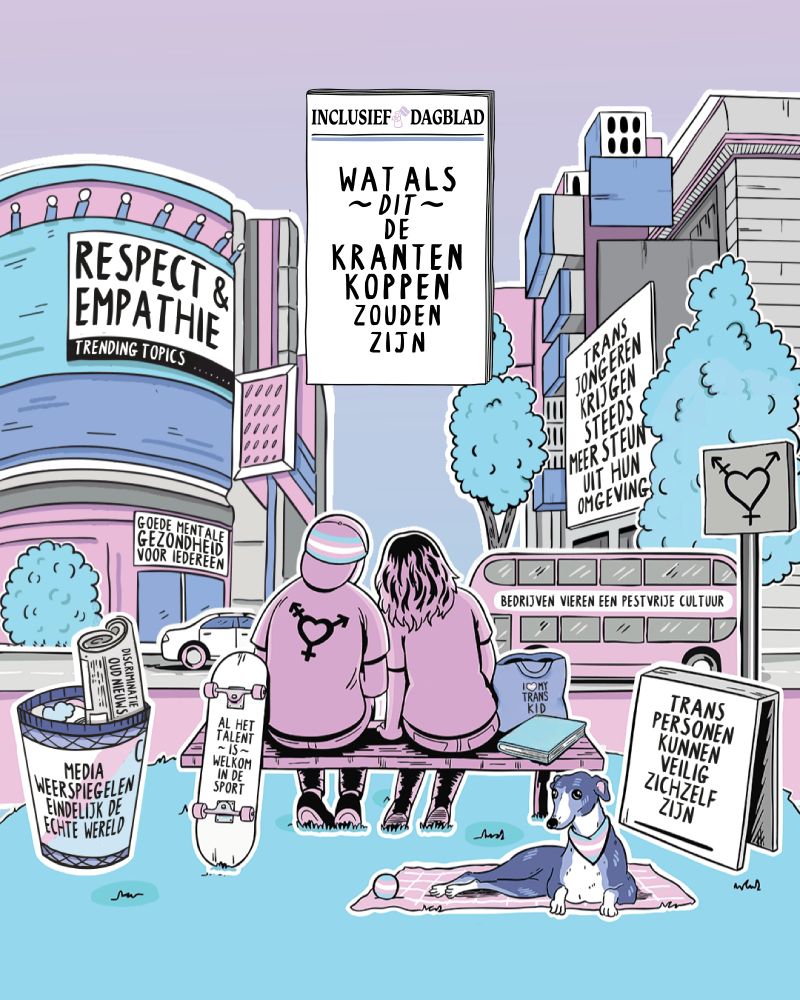 Uitsnede van een campagnebeeld van Lush en Transgender Netwerk. Op het beeld zie je twee mensen dromerig voor zich uitkijken. Zij zien in het midden de tekst 'wat als dit de kranten koppen zouden zijn', omringd door een stad waarop de teksten staan 'respect & empathie zijn trending topics', 'iedereen kan veilig over straat', 'goede mentale gezondheid voor iedereen', 'trans jongeren krijgen steeds meer steun uit hun omgeving', 'bedrijven vieren een pestvrije cultuur', 'trans personen kunnen veilig zichzelf zijn', 'media weerspiegelen eindelijk de echte wereld', 'discriminatie oud nieuws', 'I love my trans kid', en 'al het talent is welkom in de sport.'