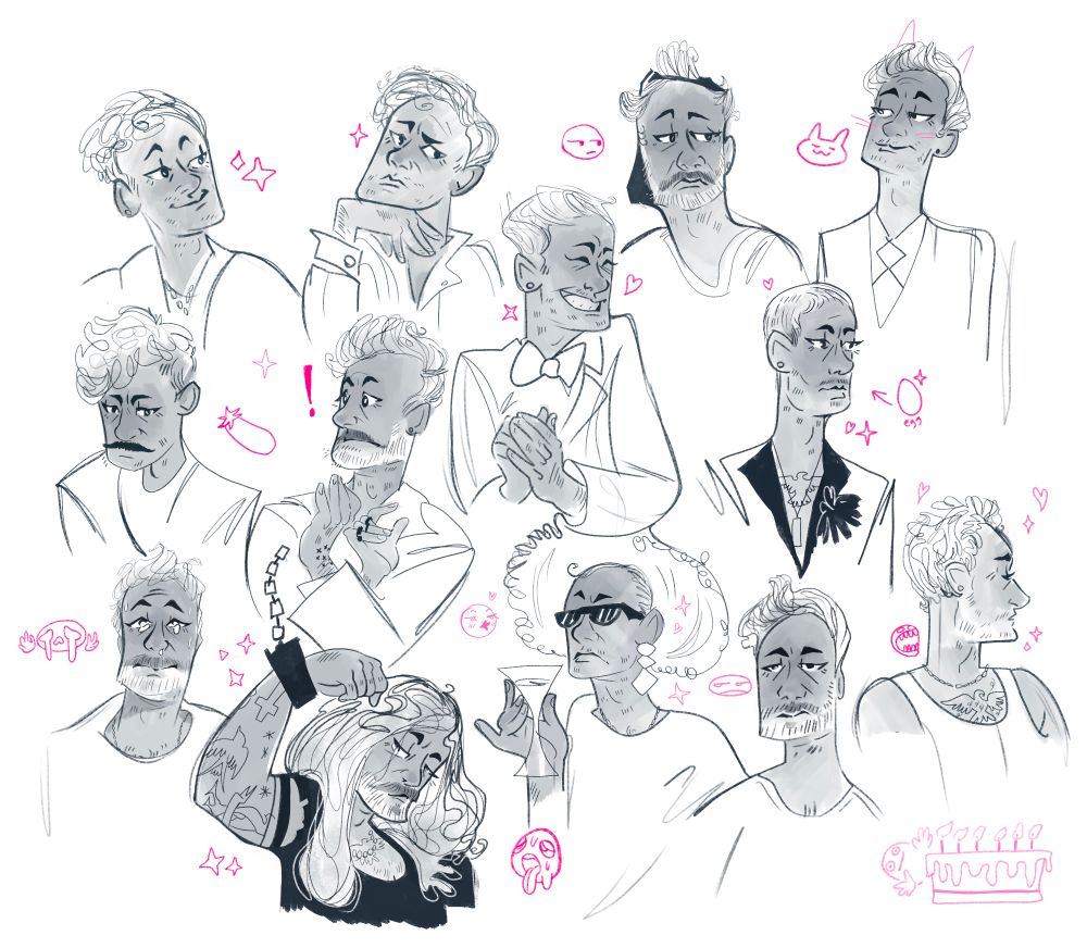 Thirteen different drawings of Taika Waititi, black and white. Surrounding him are emojis drawn in pink. Style reminiscent of Al Hirschfeld
