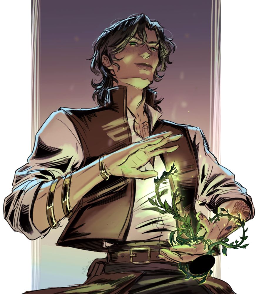 Evander Akintola is traveling witch doctor from a small island. His agrokinesis allows him the ability to control plant life, which he mostly uses to heal any person he comes across who needs his help. A self-proclaimed pacifist, he rarely fights, and when he does, he never kills. He is, however, an incredibly sarcastic and blunt man, which grates against many people who expect a healer to be gentle and tender. He may treat your injuries, but he’ll yell a lecture at you the entire time about taking better care of your body. Evander cares a lot more than he lets on though and will use every ounce of his own power and life to try and heal someone, especially those he considers his friends. 

Ev is queer, specifically attracted to amab bodies and those who identify as men or masculine-leaning non-binary. 