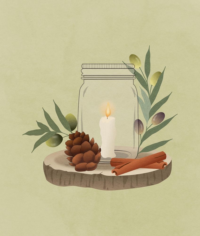 white candle in a jar, cinnamon sticks, pine cone & leaves on a slice of tree trunk against a green background 