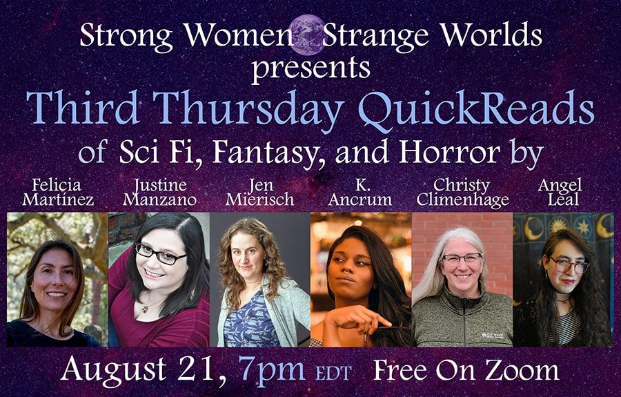 Thursday, August 21 at 7:00 pm (EDT)
featuring
K. Ancrum, Christy Climenhage, Angel Leal,
​Justine Manzano, Felicia Martínez, and Jen Mierisch

• Preregister for upcoming events HERE

Featuring pucs of each author