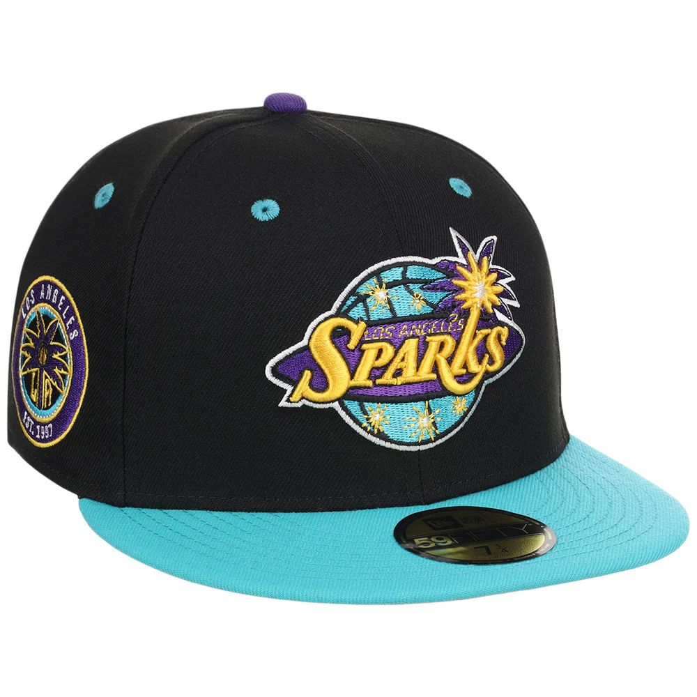 A photo of a los angeles sparks fitted hat. it's black with teal and purple with SPARKS in yellow.