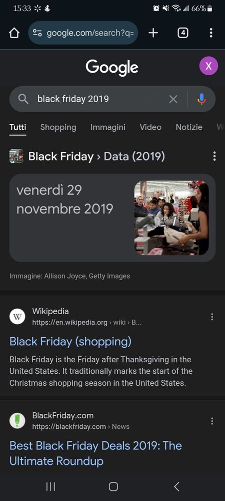 A screenshot of google, where the search bar contains "black friday 2019." The results show the date to have been Friday, 29 November 2019, in Italian. Below it are two results: one is a link to the Wikipedia page on black friday, the second result is a link to "blackfriday.com" that likely details the specific deals from that day.