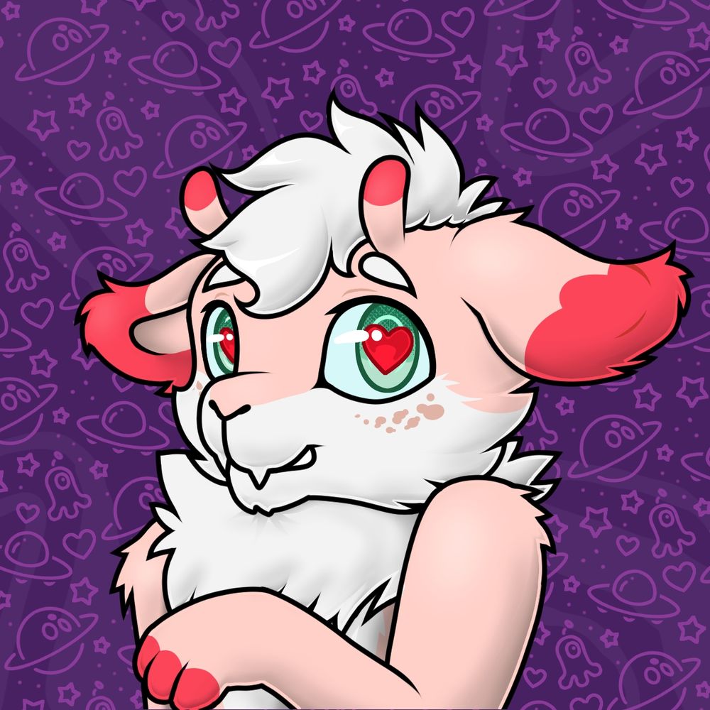 A fluffy pink alien on a space-pattern purple background.