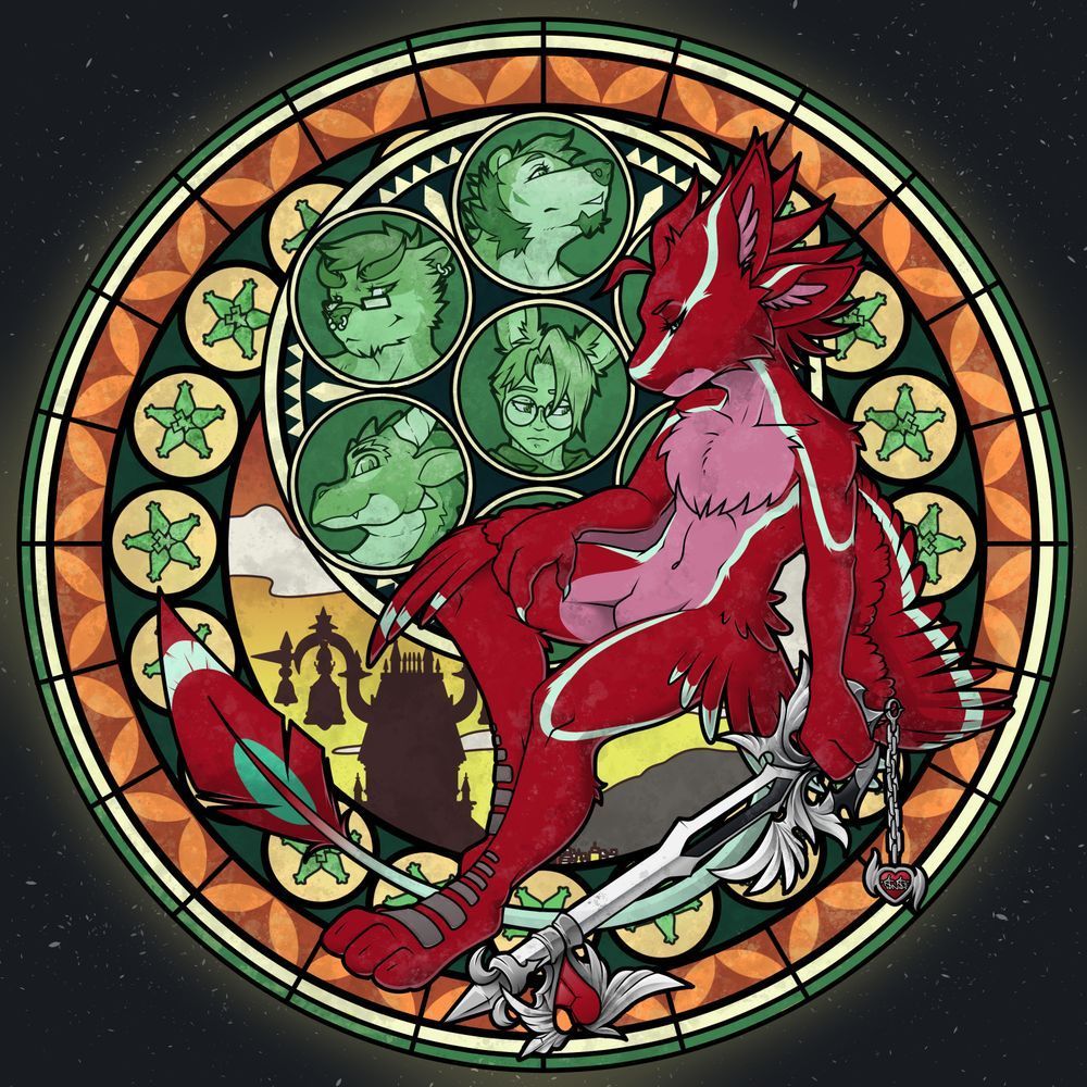 Digital art piece done in my style to mimick the Station of Awakening from Kingdom Hearts. A red Avail character floating inside a deep yellow-orange and green stained glass window depicting four friends' headshots. The emblems around the inner perimeter are Wayfinders. And the Avail is holding the Lost Memory Keyblade. All of this is set against a starry night sky mottled with stars.