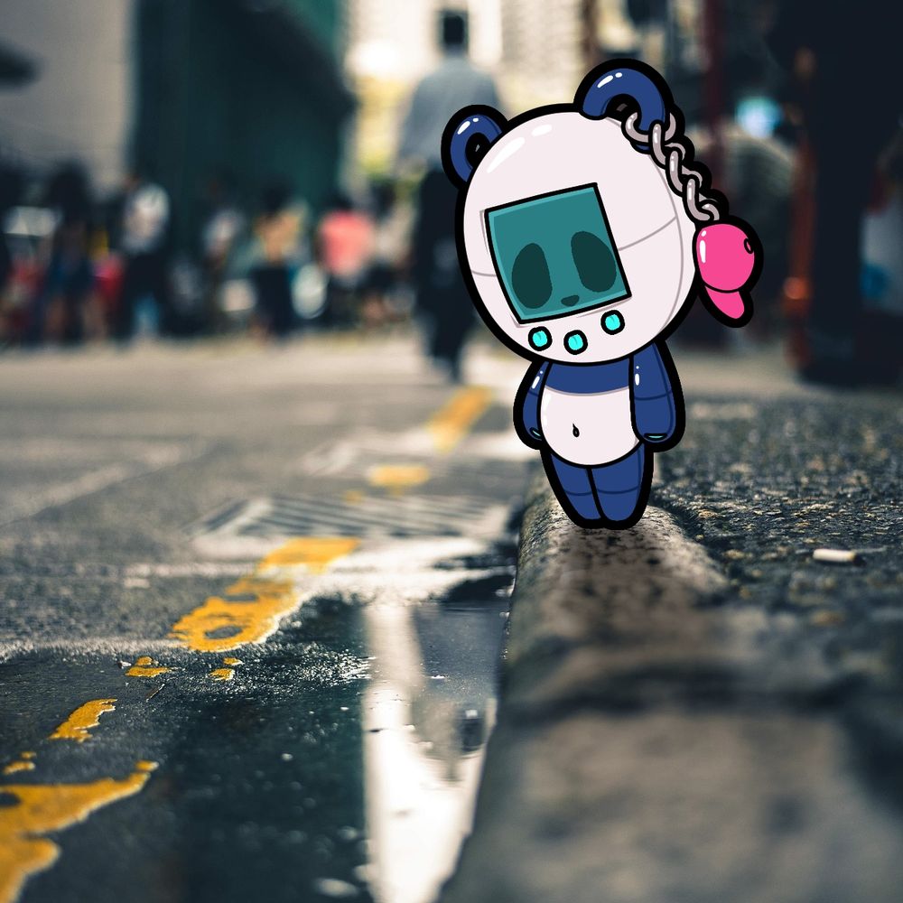 Small blue panda bear robot with a tamagotchi shaped head staring into an aesthetic city street puddle. Very Tumblr core, very millennial coded, very early Instagram vibes.