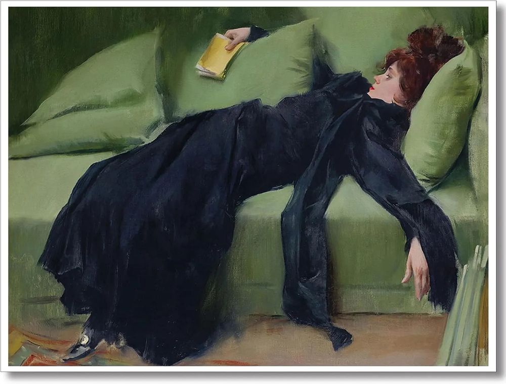 classic painting of a woman in black, she is flumped onto a green divan in a pose of exhaustion, maybe exasperation and staring at the ceiling while holding a well worn book with a yellow cover