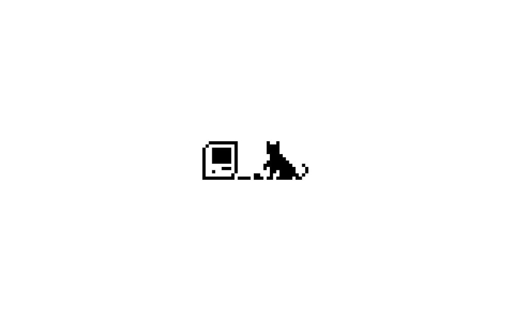 1-bit art of an macintosh, keyboard, mouse, and cat