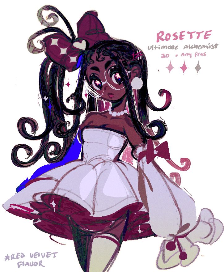 A drawing of Toorurii’s OC, rosette. She’s in a puffy white dress with dark red accents, reminiscent of a red velvet cake. 