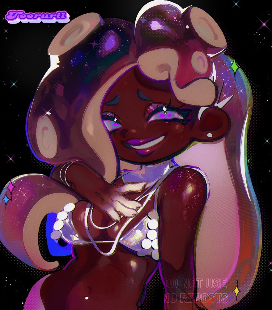 A drawing of Marina from Splatoon. She’s in her Grand Fest outfit. Her hand is on her chest, and she is smiling at the viewer. 