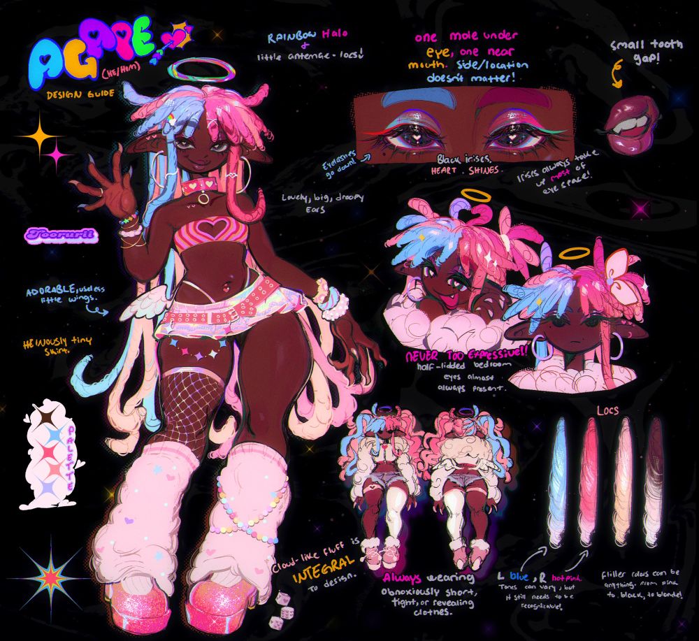 A reference sheet containing details about Toorurii’s Cupid OC, agape. To the left is his fullbody in his classic scantily clad y2k style. His pink and blue locs are down in this particular drawing for a better silhouette shape. He’s smiling sweetly at the viewer, raising a clawed hand in a lazy waving motion. There’s a rainbow halo floating above his head. 

FULLBODY NOTES:

Next to his head: rainbow halo & little antennae-locs!

Pointing to his wings:  ADORABLE useless little wings. 

Below the wings note: HEINOUSLY tiny skirt. 

To the right of him: lovely big, droopy ears. 

Near his fluffy leg-warmers: cloud-like fluff is INTEGRAL to design. 

Near the top right of the image is a close-up eye reference. 

EYE NOTES:

Above the eyes: one mole under eye, one near mouth. Side/location doesn’t matter!

Below eyes: Black irises. HEART. SHINES. 

To the left: Eyelashes always go down 

To the right: Irises always take up most of eye space. 

Next to the eye reference in the upper right corner is an isolated drawing of his lips and mouth. He has a tiny gap between his two front teeth. 

Below the eyes and lips are two cartoony drawings of him, one showing a happy expression, and one showing an unamused one. The accompanying note says: Never too expressive! Half lidded bedroom eyes always present. 

Below THAT in the lower right quadrant is a small simple front and back reference of him in an alternative outfit, this time wearing his signature pigtails and fluffy cloud jacket. The note below says: Always wearing obnoxiously short, tight, or revealing clothing. 

Lastly, to the right of the mini turn-around are little depictions of his locs and their colors. From left to right: blue, pink, blonde, black to white ombré. 

Note pointing to pink and blue: L blue, R hot pink. Tones can vary, but it still needs to be relative! 

Note next to ombré: filler colors can be anything, from pink, to blonde, to black!