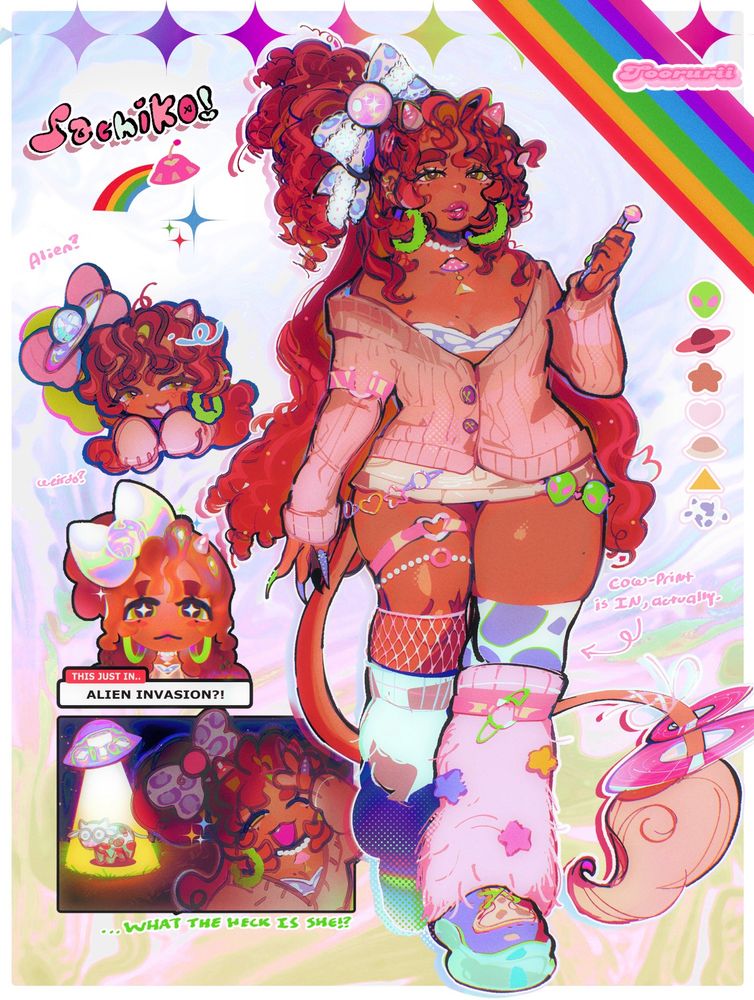 An illustration of Toorurii’s OC, Sachiko (aka offstage Platina).

To the right is a full body reference of her. She is dressed in a gal-like fashion with a space-aesthetic twist, a common theme between most of her outfits. Some of her hair is tied up in a side-ponytail with a large bow, and the rest of it is down, reaching her hips. She has two little pink and tan cone-like horns, and a long tail with two planet rings circling them. Her outfit consists of tans, pinks, blues and a bright green accent, alongside hints of gold and blue cow-print and leopard-print patterns.

To the left are three small side drawings of her. The first one is a chibi of her looking a little mischievous, below that is a drawing of her as a Mii (miitina..), and below THAT is a small scene of her cutely posing in front of the camera with a peace sign while a cow is getting abducted by a UFO in the background.

There’s a few pieces of text around the piece. Pointing to one of her cow-print stockings on her full body reads ‘Cow-print is IN, actually’. Beside her little chibi reads ‘Alien?’ and ‘Weirdo?’, and underneath her Mii is a newsflash saying ‘This just in..: ALIEN INVASION?!’, referencing the tomodachi life news channel. Underneath her little scene reads ‘What the heck is she!?’.

These words allude to her ‘alien-like’ reception in her universe, seeing as how she appeared out of nowhere with an out-of-this-world presence alongside her space aesthetic!