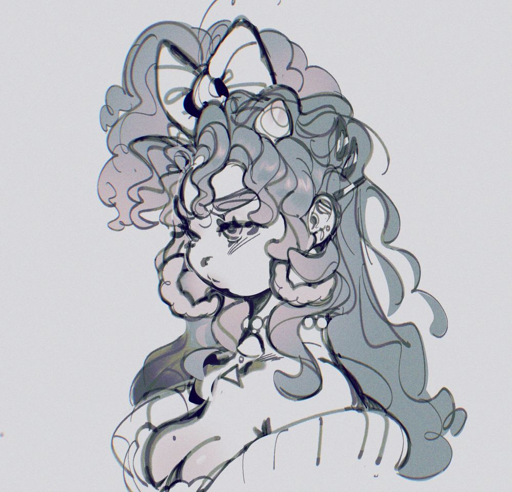 A busy sketch of Toorurii’s OC, Sachiko. She’s making a pouting expression while looking away from the viewer. 