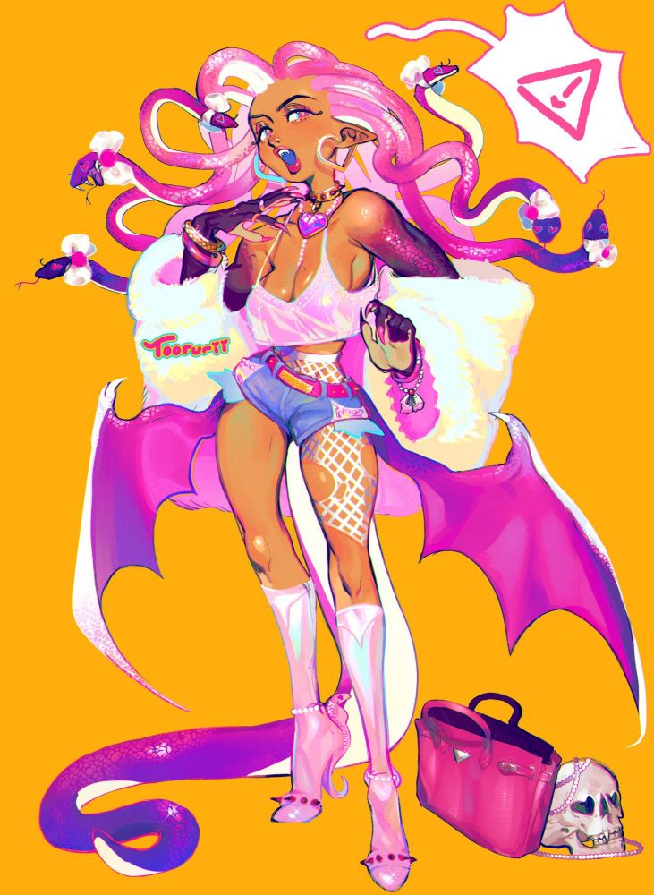 A fullbody piece depicting a Medusa-like character with pink snake hair, wings, and a long tail. She is wearing y2k fashion. There are bows on each of her snakes. 

Her purse is sitting at her feet, right next to a skull. 