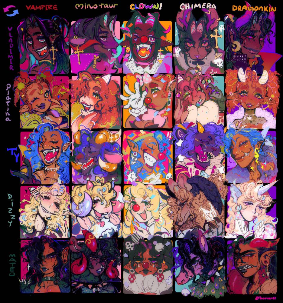 A 5 x 5 grid of Toorurii’s OCs with their species swapped around, similar to the dungeon meshi species swap extras. 

The OCs featured from top to bottom are Vlad, Platina, Ty, Dizzy, and Mateo. The species from left to right are Vampire, Minotaur, Clown, Chimera and Dragonkin. 

Toorurii’s signature is typed out in the lower right corner. 
