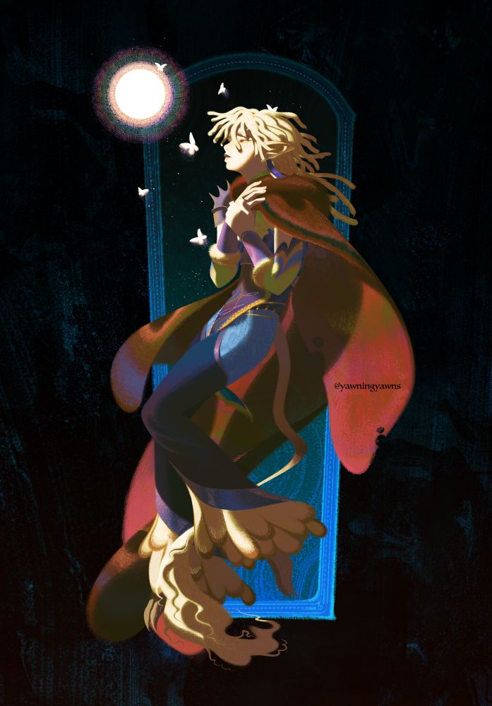 A fullbody commissioned artwork drawn by @ Yawningyawns of Toorurii's OC, Moray. 

The character is posed with her hands to her chest, casting a tense / burdened look upwards towards the sun-like light-source. There are multiple ethereal moth/butterfly forms of light circulating around this area.

The flow of the piece descends elegantly, from her moth-wing cape and downwards following along her legs, unicorn-like tail and hooves.