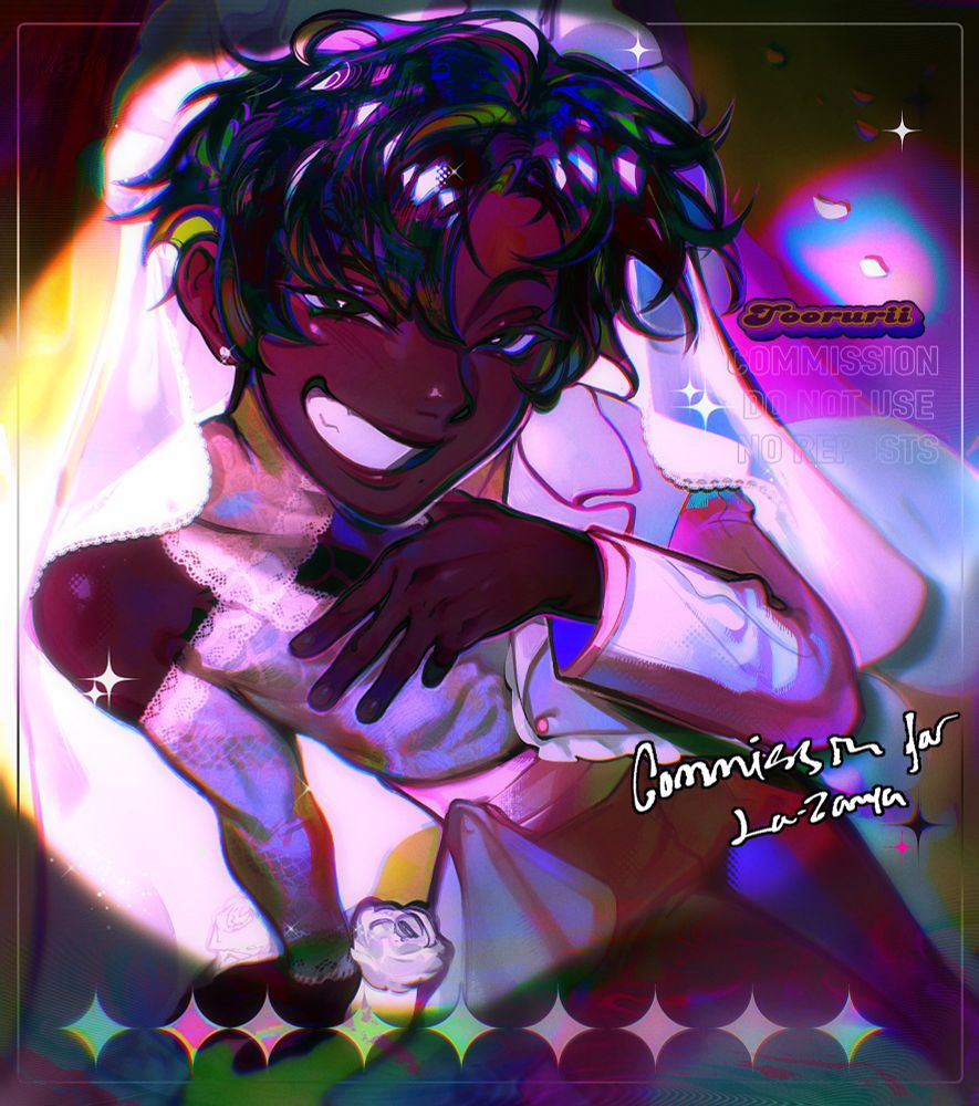 A Vgen commission depicting a character from an upwards angle with a hand placed on his chest. He is showing off a bright smile to the viewer. 