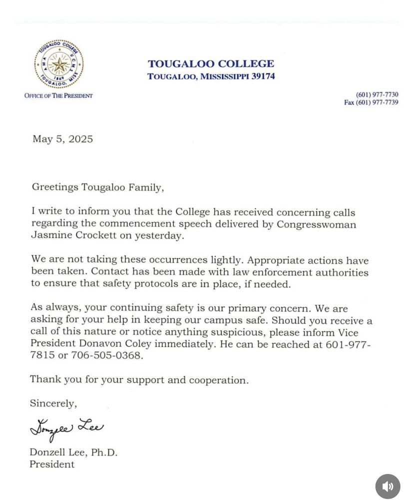 A letter from the president of Tougaloo college assuring students that they are taking safety measures. 
