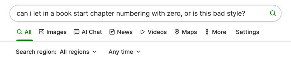 A search for the question "can i let a book start chapter numbering with zero, or is this bad style?"