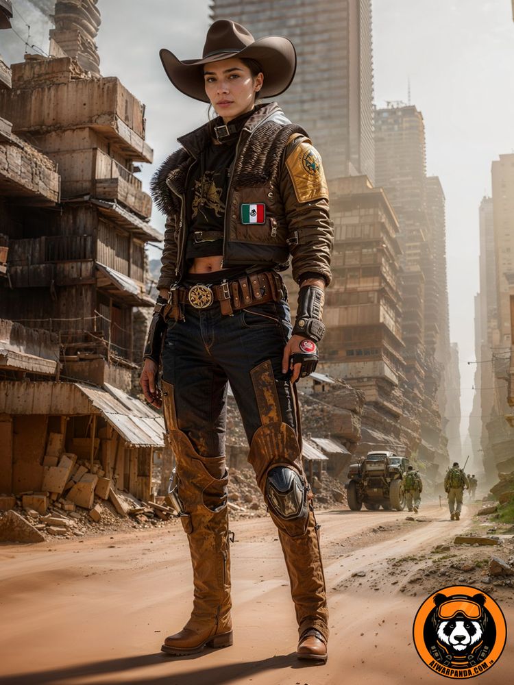 imagine if fictional law woman Teodora in a cowboy hat and techno cowboy/biker outfit stand in the ruins of mexico city in 2079