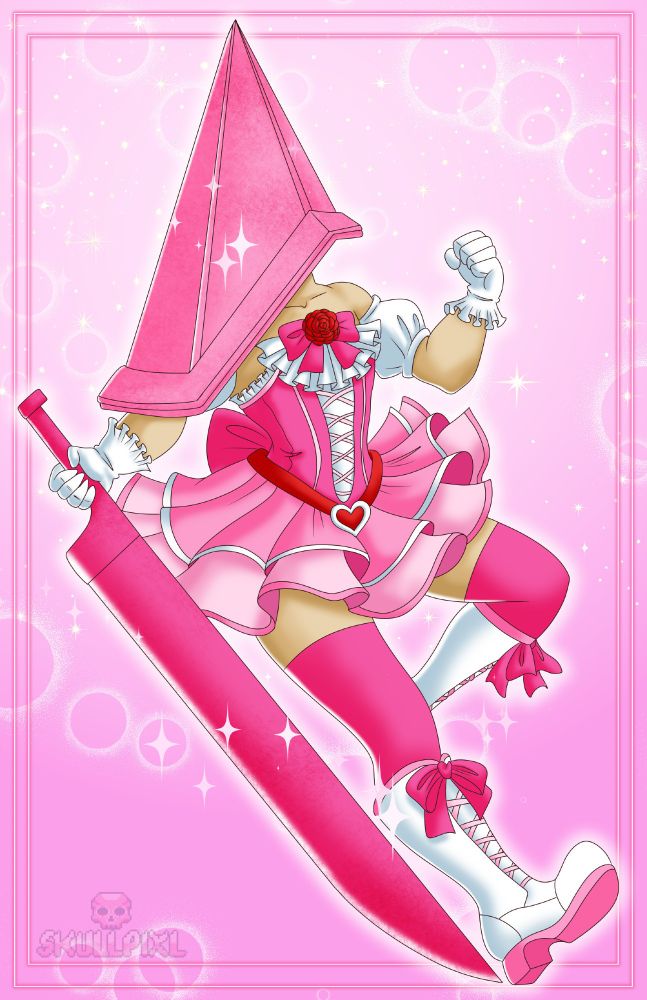Pyramid Head from Silent Hill dressed all in pink like a magical girl 
