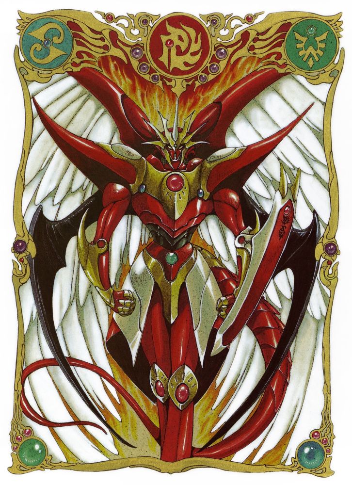 An image of the Rune God Rayearth (a red and gold mecha) from the anime Magic Knight Rayearth 