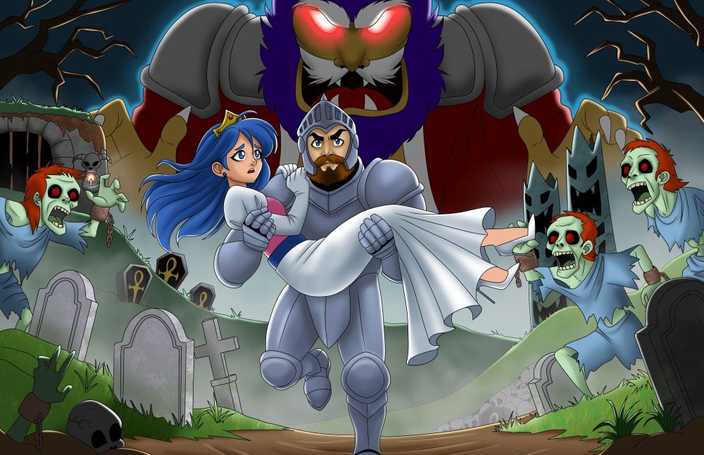 Arthur, the knight main character from the Ghouls n' Ghosts/Ghosts n' Goblins franchise, carrying Princess Prin Prin through a foggy graveyard away from his nemesis Astaroth, who is looming menacingly in the background. Several zombies surround the scene.