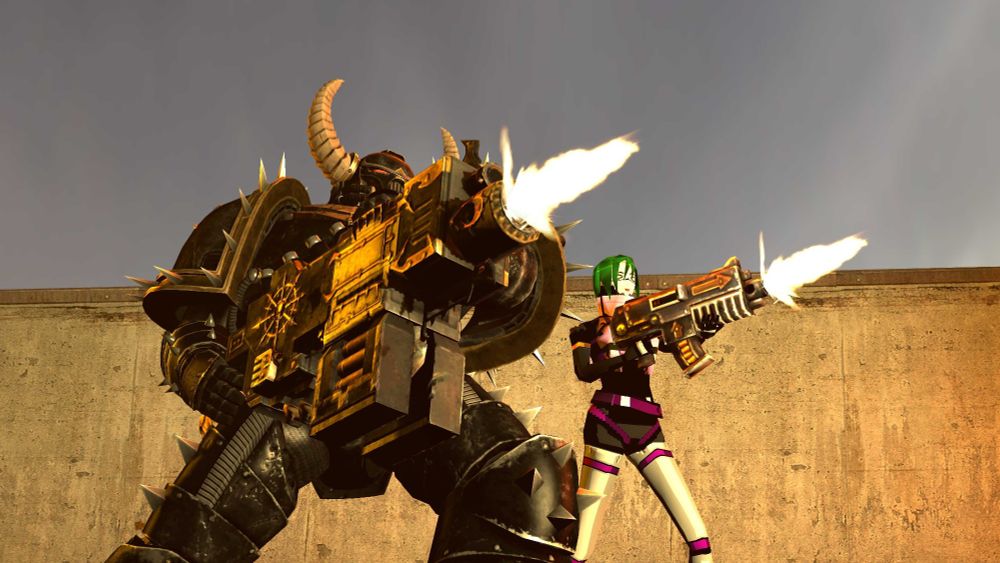 SFM render of a black legion chaos space marine from warhammer 40,000 and a storch from signalis (with green hair and purple/gold armor) shooting at some offscreen thing with bolters
the storch is awfully gleeful about it