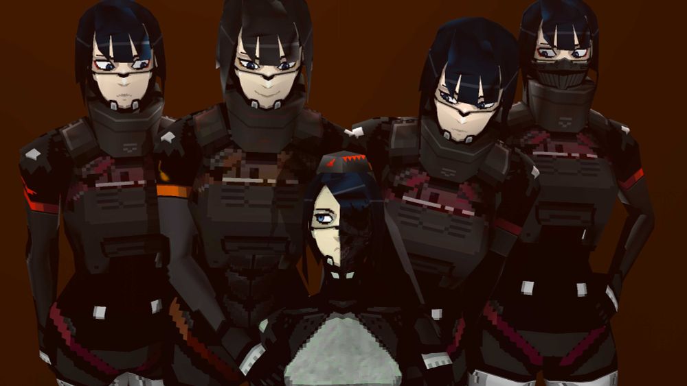 SFM render of my signalis OC, EULR-S2313/vera surrounded by 4 starlings, one of which, the one to her left, is blast/STAR-S2324