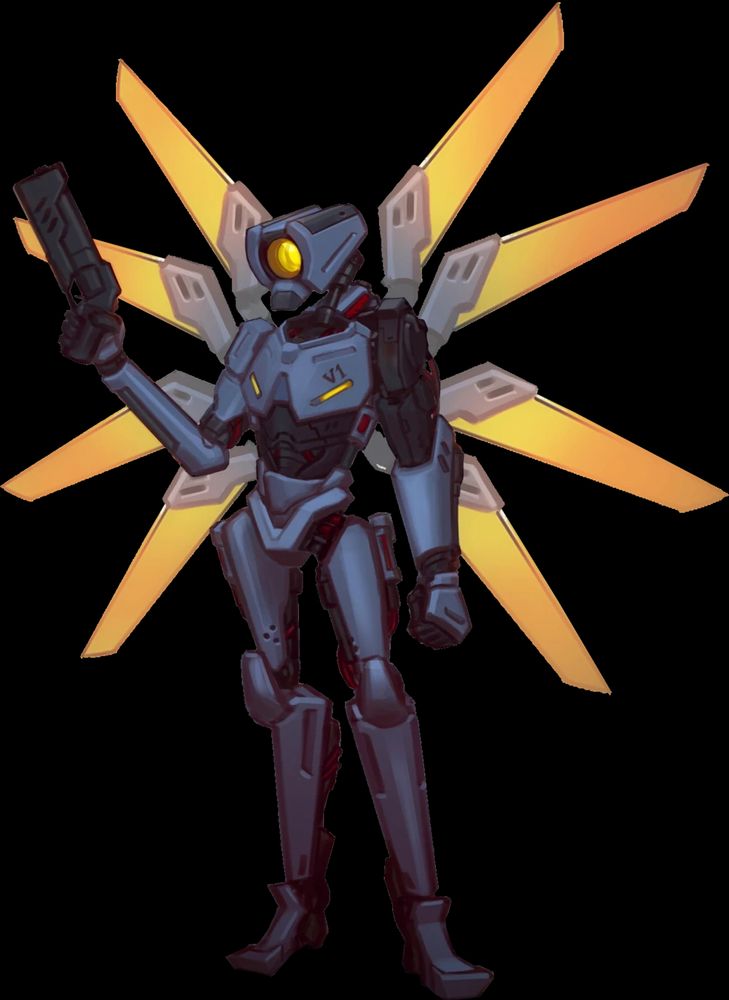 V1 ULTRAKILL (blue humanoid robot with yellow wings, a camera-shaped head with a matching yellow lens, some black parts under the blue armor and a pistol in his right hand)