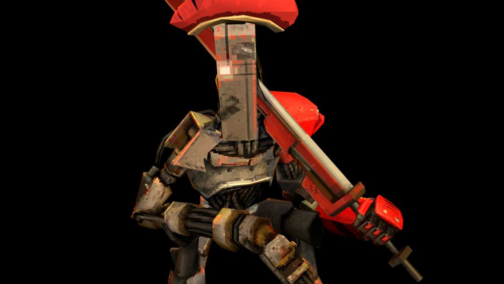 my ultrakill swordsmachine OC, gladius (swordsmachine but grey/red w/one broken eye and a bigass crest on his headl