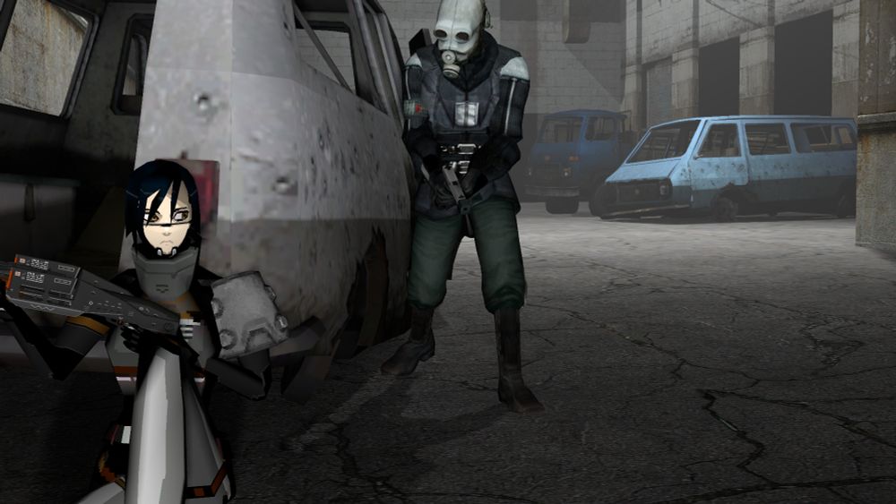 render of my signalis OC, eirene (STCR-S2356), hiding behind a wrecked van with a civil protection officer looking for her